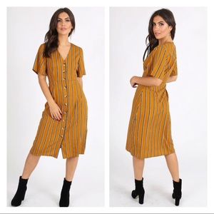 Mustard striped button down midi dress